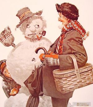 Contemporary Artwork by Norman Rockwell - Grandfather and snowman 1919