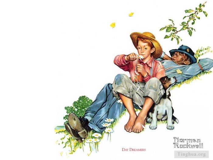 Norman Rockwell's Contemporary Various Paintings - Grandpa and me picking daisies 1958
