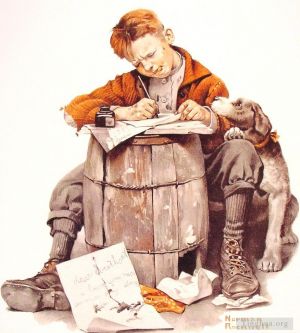 Contemporary Artwork by Norman Rockwell - Little boy writing a letter 1920