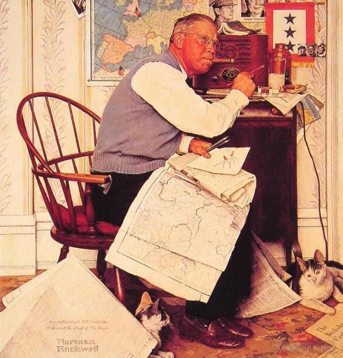 Norman Rockwell's Contemporary Various Paintings - Man charting wmaneuvers 1944