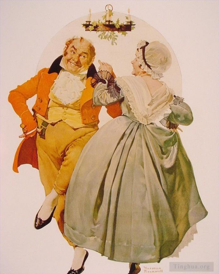 Norman Rockwell's Contemporary Various Paintings - Merrie christmas couple dancing under the mistletoe