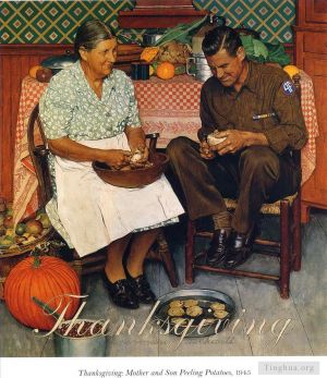 Contemporary Artwork by Norman Rockwell - Thanksgiving mother and son peeling potatoes 1945