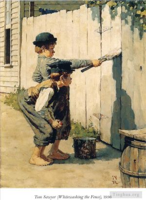 Contemporary Artwork by Norman Rockwell - Tom sawyer whitewashing the fence