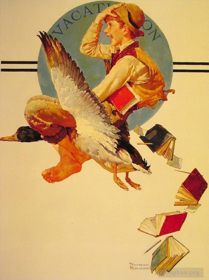 Norman Rockwell's Contemporary Various Paintings - Vacation boy riding a goose 1934