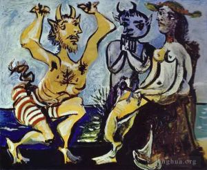 Contemporary Oil Painting - A Young Faun Playing a Serenade to a Young Girl 1938