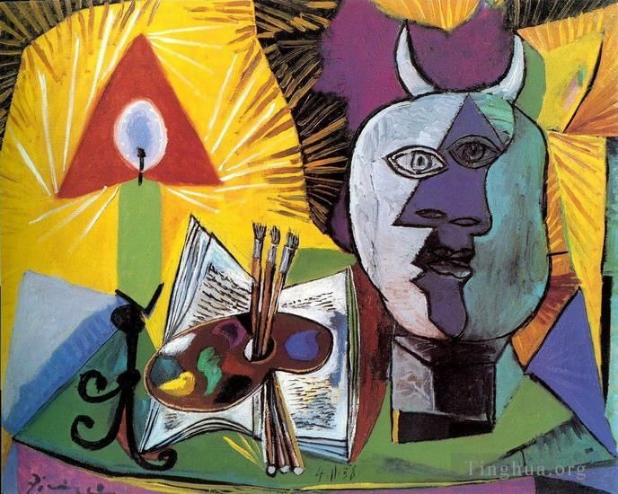 Pablo Picasso's Contemporary Oil Painting - Bougie palette Tete de Minotaure 1938