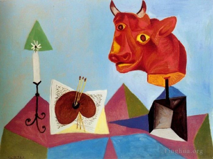 Pablo Picasso's Contemporary Oil Painting - Bougie palette Tete de taureau rouge 1938