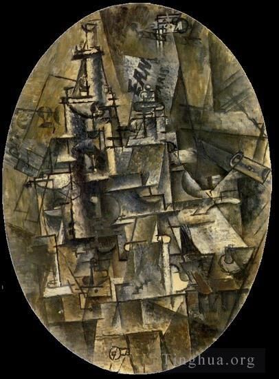 Pablo Picasso's Contemporary Oil Painting - Bouteille verre fourchette 1911
