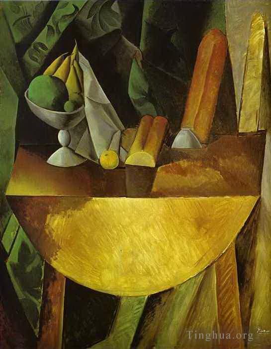 Pablo Picasso's Contemporary Oil Painting - Bread and Fruit Dish on a Table 1909