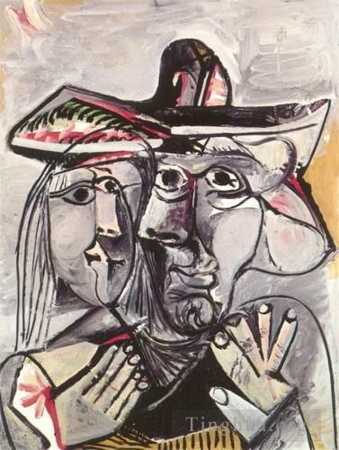 Pablo Picasso's Contemporary Oil Painting - Buste d homme au chapeau et tete de femme 1971
