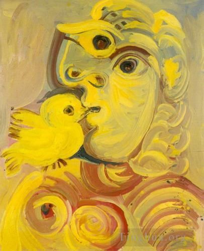 Pablo Picasso's Contemporary Oil Painting - Buste de femme a l oiseau 1971
