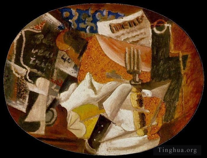 Pablo Picasso's Contemporary Oil Painting - Couteau fourchette menu bouteille jambon 1914