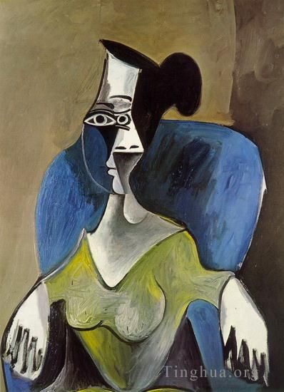 Pablo Picasso's Contemporary Oil Painting - Femme assise dans un fauteuil bleu 1962 2