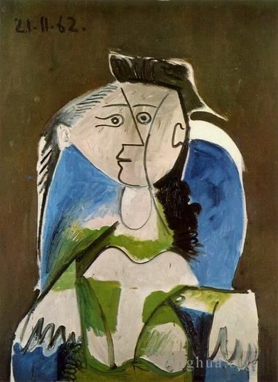 Pablo Picasso's Contemporary Oil Painting - Femme assise dans un fauteuil bleu 1962