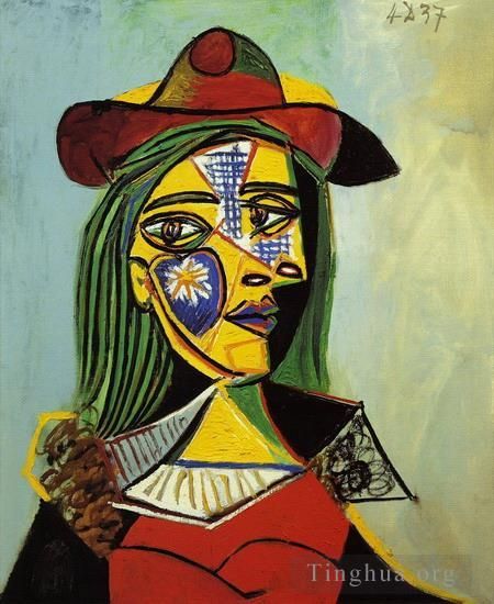 Pablo Picasso's Contemporary Oil Painting - Femme au chapeau et col en fourrure 1937