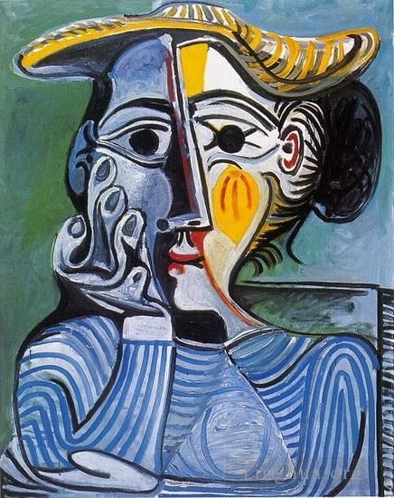 Pablo Picasso's Contemporary Oil Painting - Femme au chapeau jaune Jacqueline 1961