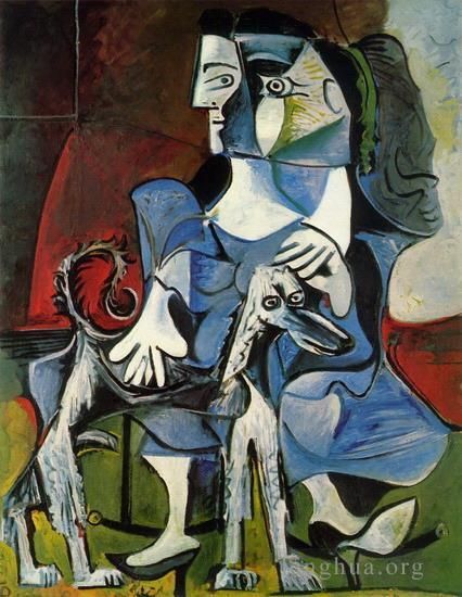 Pablo Picasso's Contemporary Oil Painting - Femme au chien Jacqueline avec Kaboul 1962