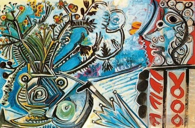 Pablo Picasso's Contemporary Oil Painting - Fleurs et buste d homme au parapluie 1968