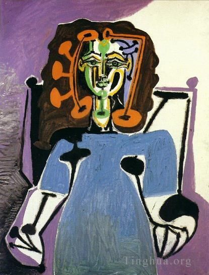 Pablo Picasso's Contemporary Oil Painting - Françoise assise en robe bleue 1949