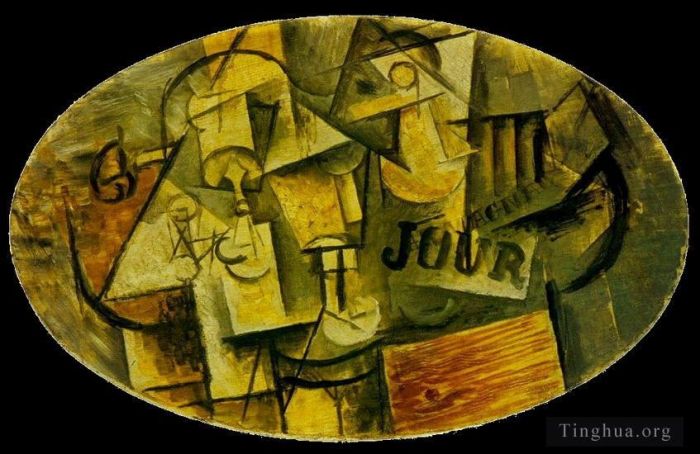 Pablo Picasso's Contemporary Oil Painting - Guitare verre et journal 1912