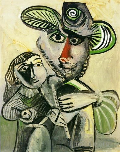 Pablo Picasso's Contemporary Oil Painting - Homme a la flute et enfant Paternit 1971