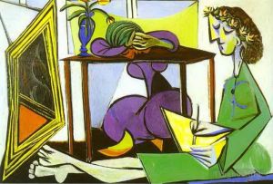 Contemporary Oil Painting - Interior with a Girl Drawing 1935