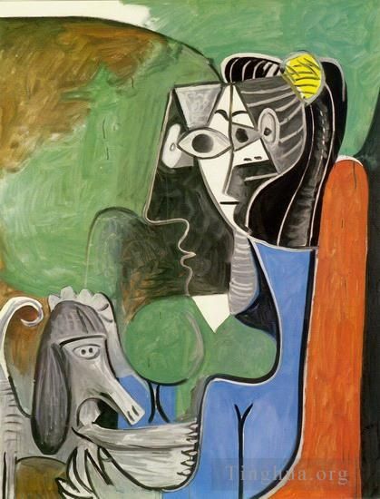 Pablo Picasso's Contemporary Oil Painting - Jacqueline assise avec Kaboul 1962