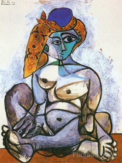 Pablo Picasso's Contemporary Oil Painting - Jacqueline nue au bonnet turc 1955