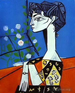 Contemporary Oil Painting - Jacqueline with Flowers 1954