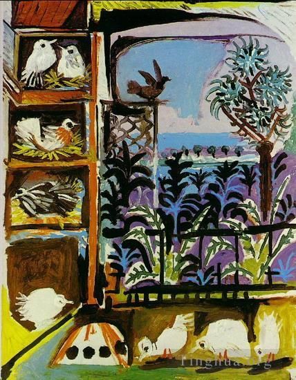 Pablo Picasso's Contemporary Oil Painting - L atelier Les pigeons II 1957