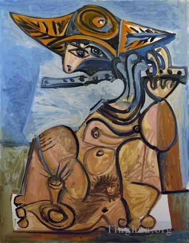 Pablo Picasso's Contemporary Oil Painting - La flutiste Homme assis jouant de la flute 1971