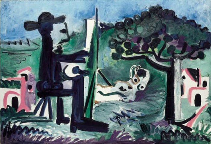 Pablo Picasso's Contemporary Oil Painting - Le peintre et son modele dans un paysage II 1963