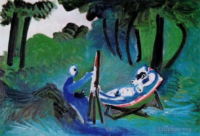 Pablo Picasso's Contemporary Oil Painting - Le peintre et son modele dans un paysage III 1963