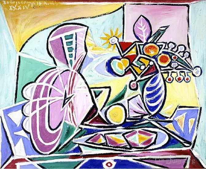 Pablo Picasso's Contemporary Oil Painting - Mandoline et vase de fleurs Nature morte 1934