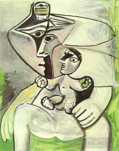 Pablo Picasso's Contemporary Oil Painting - Maternit a la pomme Femme et enfant 1971