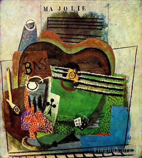 Pablo Picasso's Contemporary Oil Painting - Pipe verre as de trefle bouteille de Bass guitare de Ma Jolie 1914