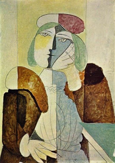 Pablo Picasso's Contemporary Oil Painting - Portrait de femme au chapeau de paille sur fond rose 1938