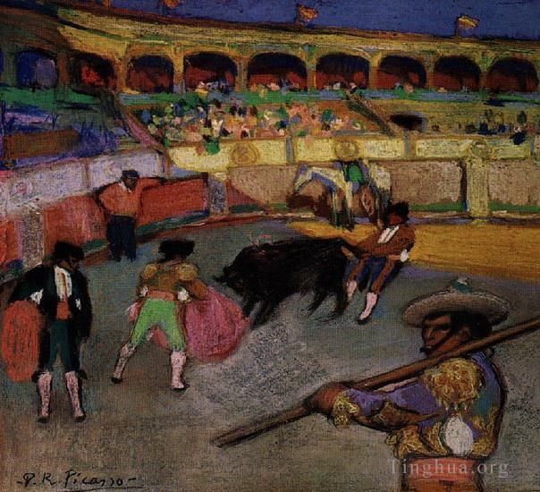 Pablo Picasso's Contemporary Oil Painting - Taureau tire par la queue 1900