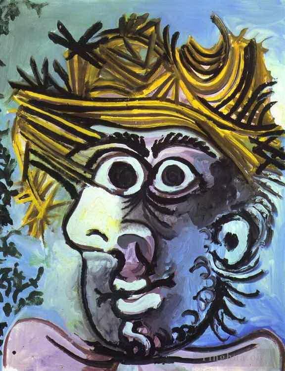 Pablo Picasso's Contemporary Oil Painting - Tete d homme au chapeau de paille 1971
