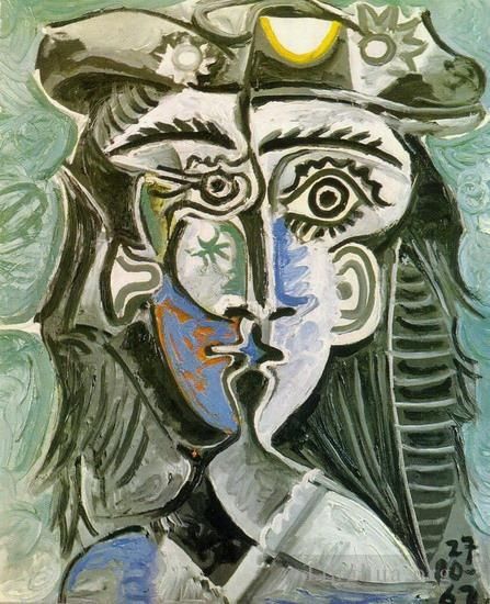 Pablo Picasso's Contemporary Oil Painting - Tete de femme au chapeau I 1962