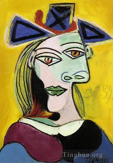 Pablo Picasso's Contemporary Oil Painting - Tete de femme au chapeau bleu a ruban rouge 1939