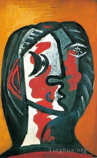 Pablo Picasso's Contemporary Oil Painting - Tete de femme en gris et rouge sur fond ocre 1926