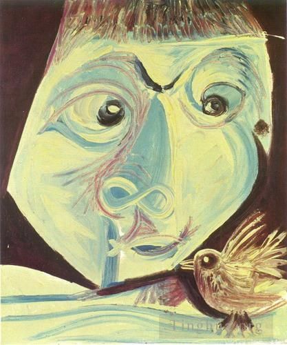 Pablo Picasso's Contemporary Oil Painting - Tete et l oseau 1972