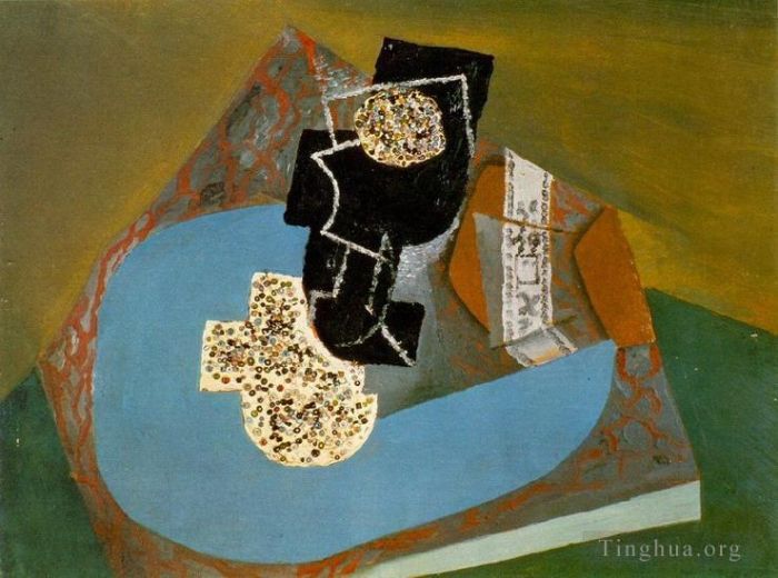 Pablo Picasso's Contemporary Oil Painting - Verre et paquet de tabac sur une table 1914