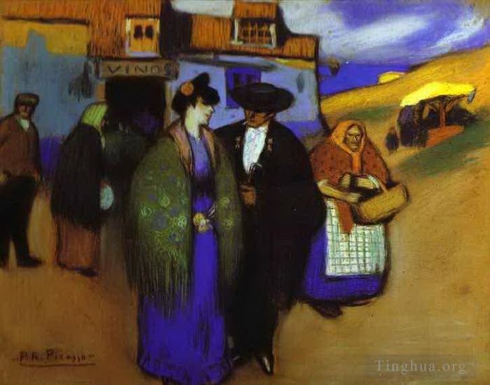 Pablo Picasso's Contemporary Various Paintings - A Spanish Couple in front of an Inn 1900