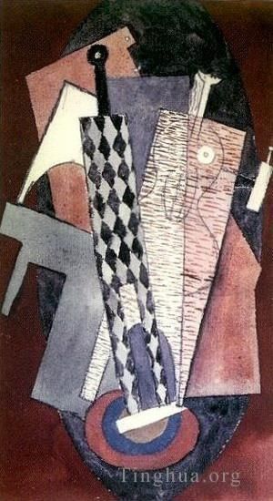 Pablo Picasso's Contemporary Various Paintings - Arlequin tenant une bouteille et femme 1915