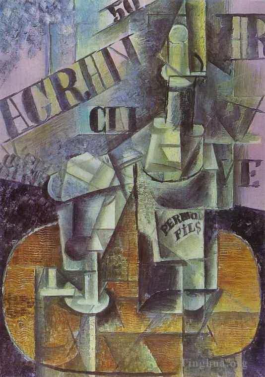 Pablo Picasso's Contemporary Various Paintings - Bottle of Pernod Table in a Cafe 1912