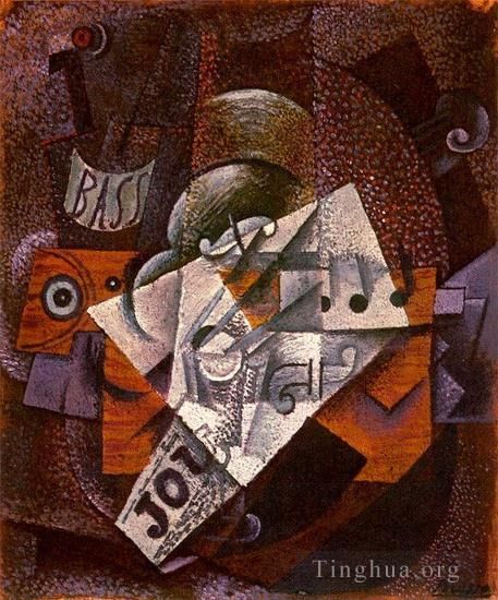 Pablo Picasso's Contemporary Various Paintings - Bouteille clarinette violon journal verre 1913
