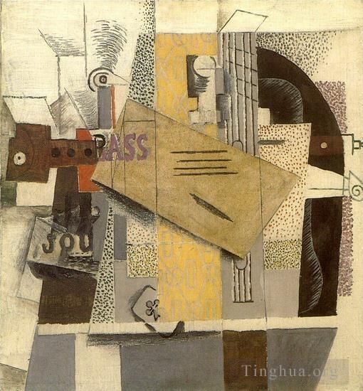 Pablo Picasso's Contemporary Various Paintings - Bouteille de Bass clarinette guitare violon journal as de trefle Le violon 1913