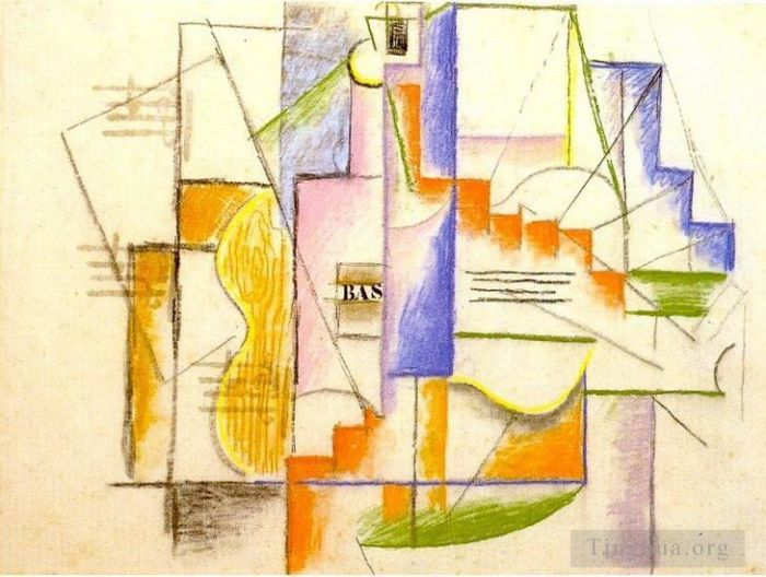 Pablo Picasso's Contemporary Various Paintings - Bouteille de Bass et guitare 1912